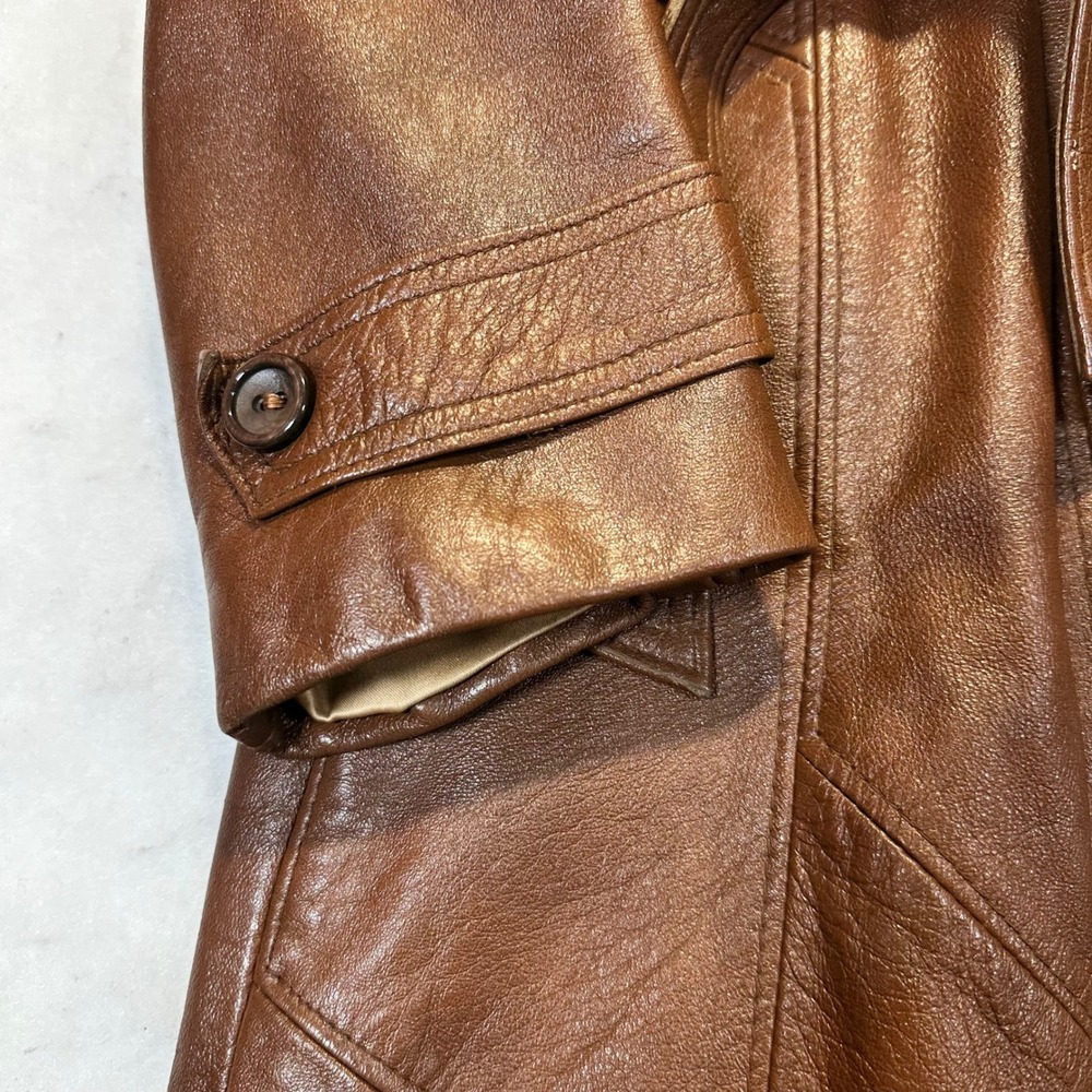 Garfin Leathers Trench Coat Womens 18 Brown Vintage 70s Boho Leather Jacket - Picture 3 of 15